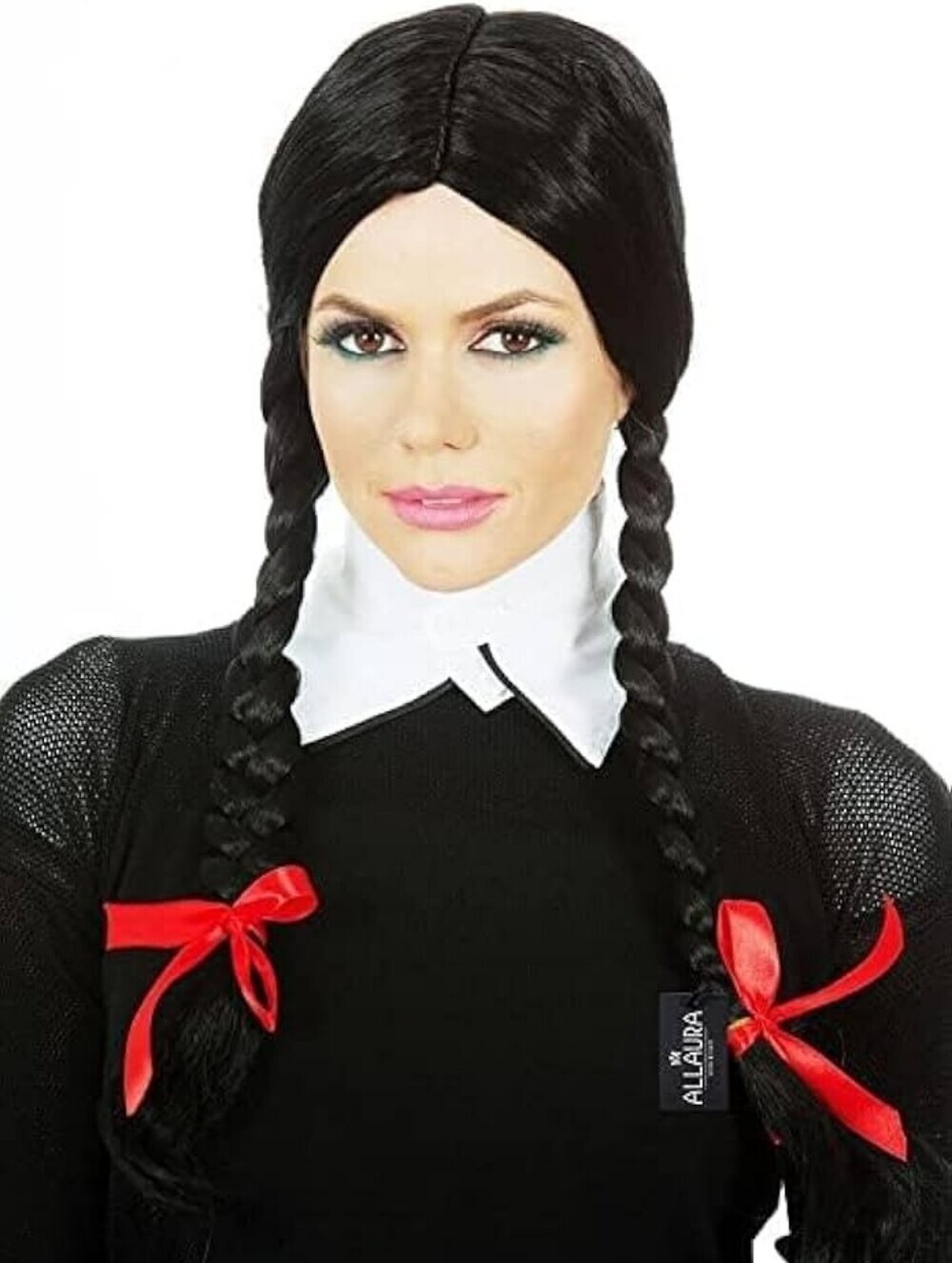 Classic Black Braided Wig with Red Ribbon Accents